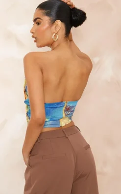 Yellow Floral Print Woven Pleated Drape Front Corset