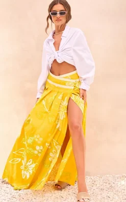 Yellow Floral Printed Asymmetric Waist Flared Maxi Skirt
