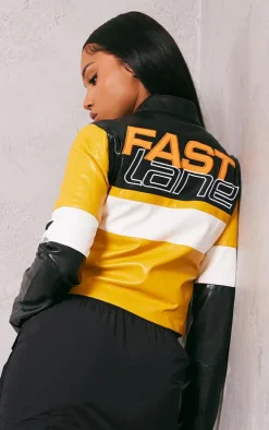 Yellow Graphic Back Fitted Faux Leather Racer Jacket