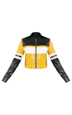 Yellow Graphic Back Fitted Faux Leather Racer Jacket