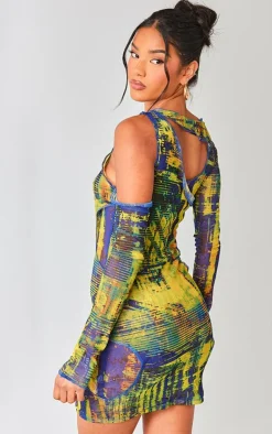 Yellow Grunge Print Tie Dye Mesh Double Layer Cut Out Bodycon Dress