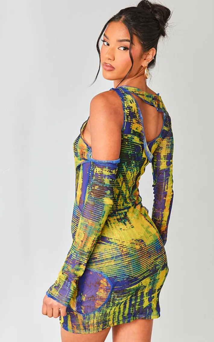 Yellow Grunge Print Tie Dye Mesh Double Layer Cut Out Bodycon Dress