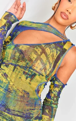 Yellow Grunge Print Tie Dye Mesh Double Layer Cut Out Bodycon Dress