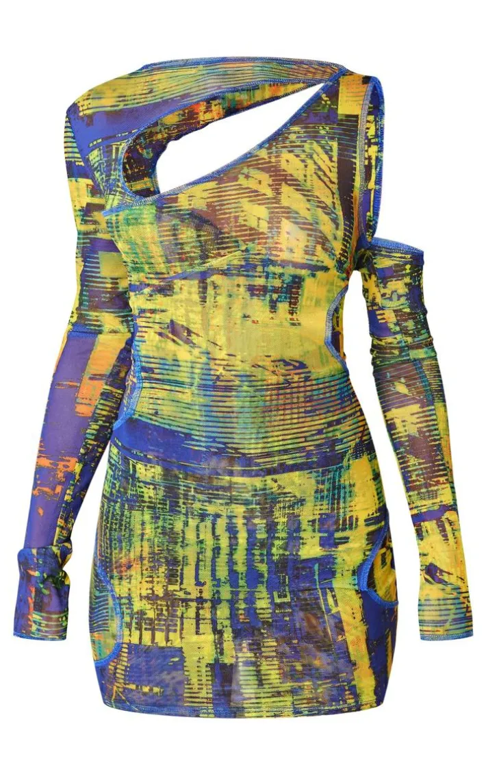 Yellow Grunge Print Tie Dye Mesh Double Layer Cut Out Bodycon Dress
