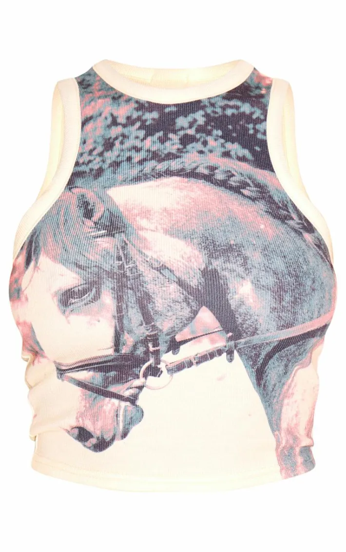 Yellow Horse Print Ribbed Racer Top