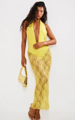 Yellow Lace Halterneck Plunge Midaxi Dress