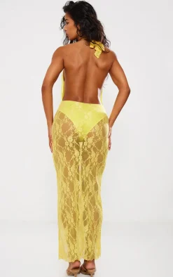 Yellow Lace Halterneck Plunge Midaxi Dress
