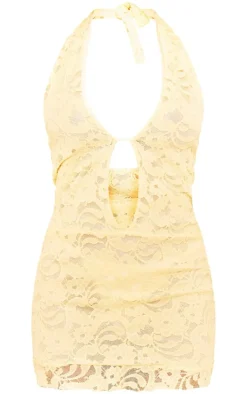 Yellow Lace Plunge Halterneck Mini Dress