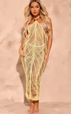 Yellow Laddered Crochet Gold Trim Maxi Beach Dress