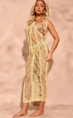 Yellow Laddered Crochet Gold Trim Maxi Beach Dress
