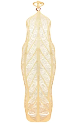 Yellow Laddered Crochet Gold Trim Maxi Beach Dress