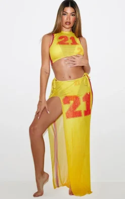 Yellow Mesh 21 Maxi Side Split Beach Skirt