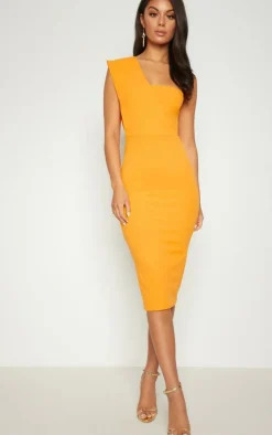 Yellow One Shoulder Draped Midi Dress