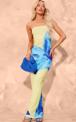 Yellow Onion Skin Bandeau Orchid Print Maxi Dress