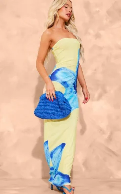 Yellow Onion Skin Bandeau Orchid Print Maxi Dress