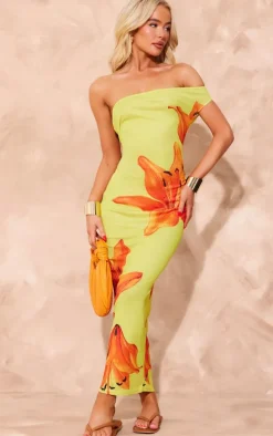 Yellow Onion Skin One Shoulder Orchid Print Maxi Dress