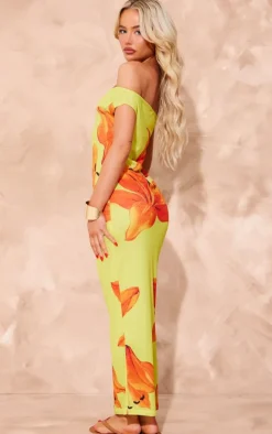 Yellow Onion Skin One Shoulder Orchid Print Maxi Dress