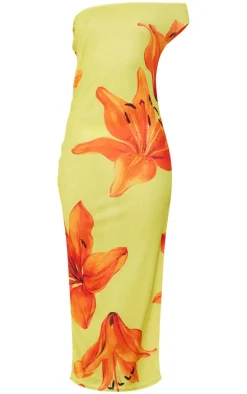 Yellow Onion Skin One Shoulder Orchid Print Maxi Dress