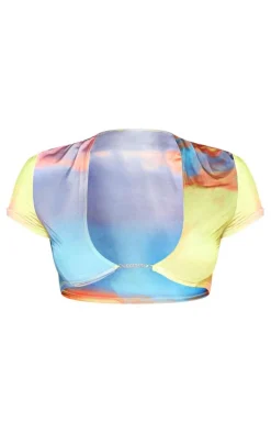 Yellow Print Trim Detail Crop Top