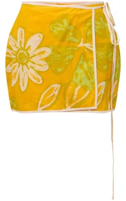 Yellow Printed Wrap Front Mini Skirt