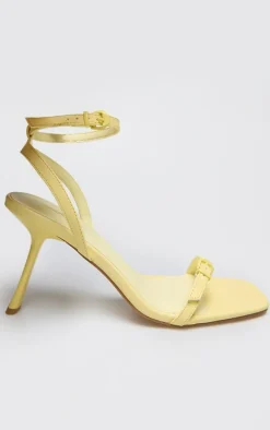 Yellow PU Square Toe Barely There Buckle Heeled Sandals