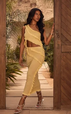 Yellow Rib Knit Frill Detail Maxi Skirt