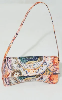 Yellow Roman Horse Mosaic Print Flap Over Baguette Shoulder Bag