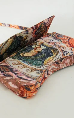 Yellow Roman Horse Mosaic Print Flap Over Baguette Shoulder Bag