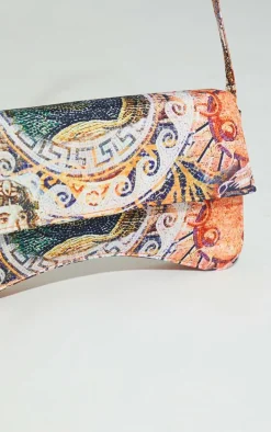 Yellow Roman Horse Mosaic Print Flap Over Baguette Shoulder Bag