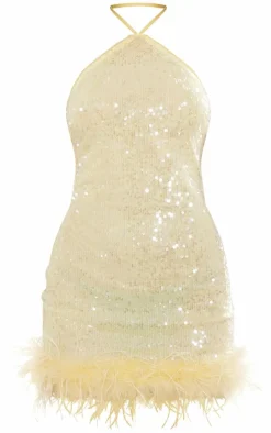 Yellow Sequin Halter Neck Faux Feather Hem Mini Dress