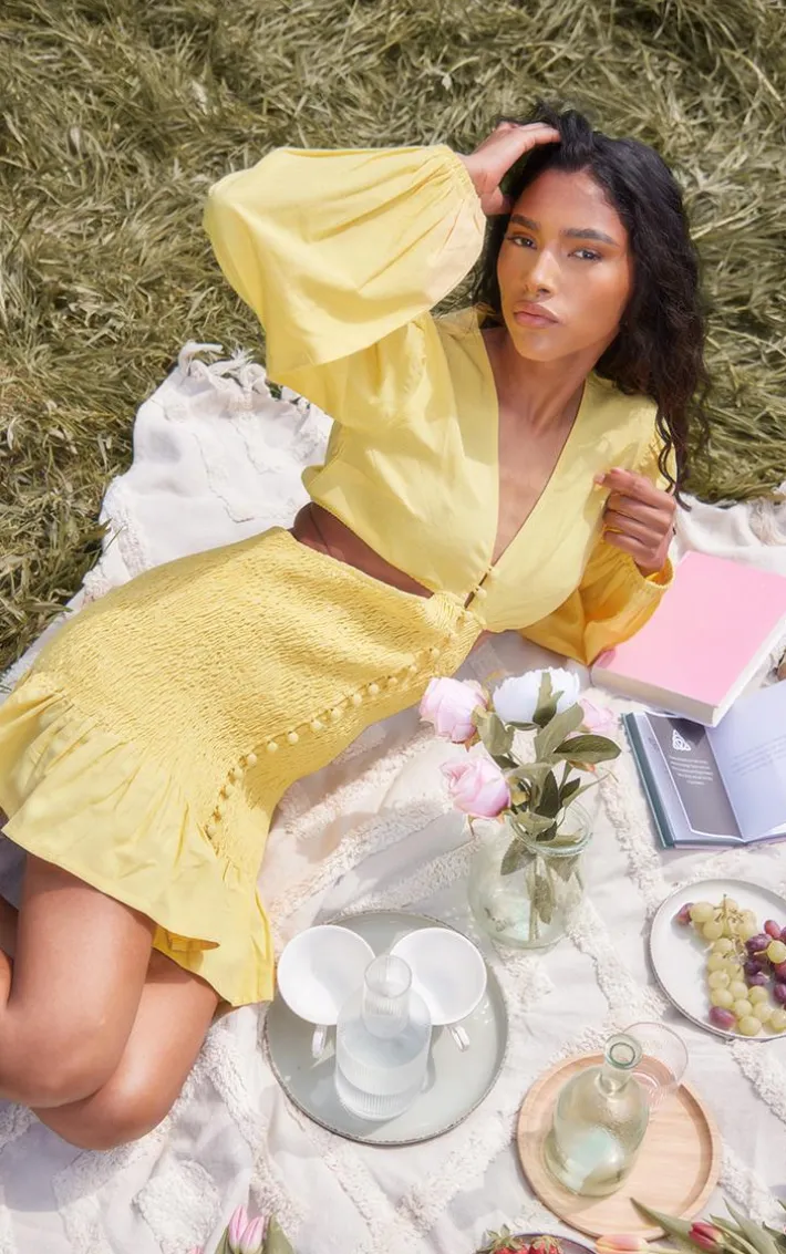 Yellow Shirred Button Cut Out Long Sleeve Bodycon Dress