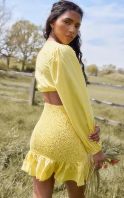 Yellow Shirred Button Cut Out Long Sleeve Bodycon Dress