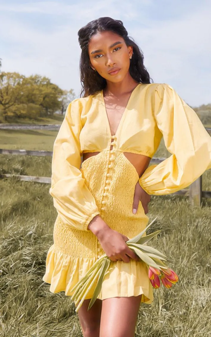 Yellow Shirred Button Cut Out Long Sleeve Bodycon Dress