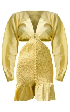 Yellow Shirred Button Cut Out Long Sleeve Bodycon Dress