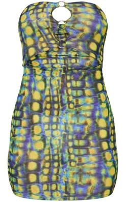 Yellow Snake Print Bandeau Ring Detail Burn Out Mesh Bodycon Dress