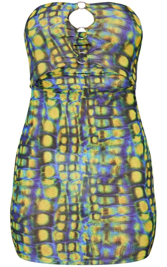 Yellow Snake Print Bandeau Ring Detail Burn Out Mesh Bodycon Dress