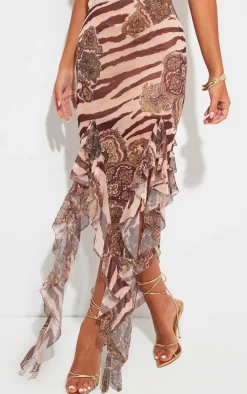 Zebra Paisley Printed Ruffle Hem Midi Skirt