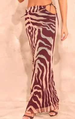 Zebra Print Mesh Lined Maxi Skirt
