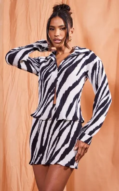 Zebra Print Plisse A-line Mini Skirt