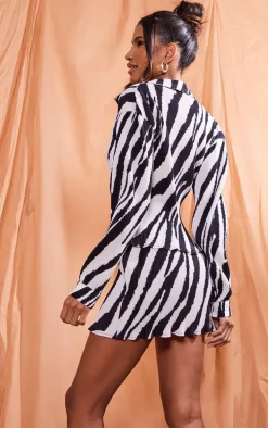 Zebra Print Plisse Button Up Fitted Shirt